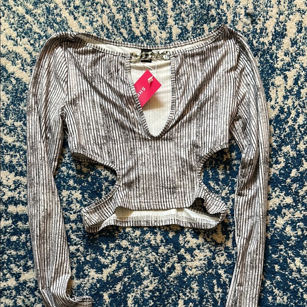 Gray Striped Long Sleeve Crop Top with Cutouts and Chain Detail